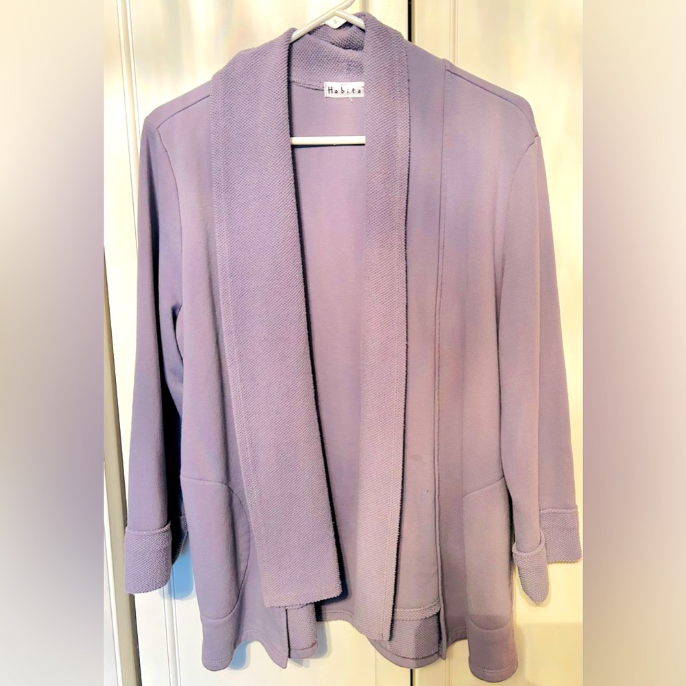 Habitat Women Purple Gray Shawl Collar Open Front Cardigan Jacket Textured Trim